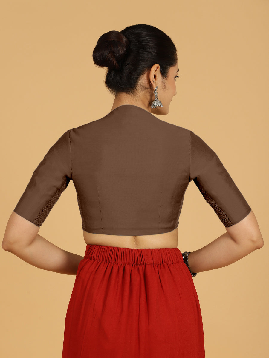 Pallavi x Rozaana Saree Blouse, in Brown Viscose, featuring elbow sleeves and curved v-neckline, made for daily & work (view 2).