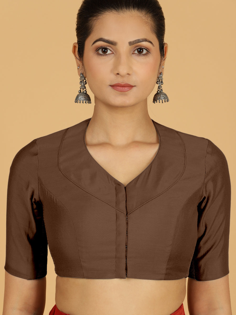 Pallavi x Rozaana Saree Blouse, in Brown Viscose, featuring elbow sleeves and curved v-neckline, made for daily & work (view 5).