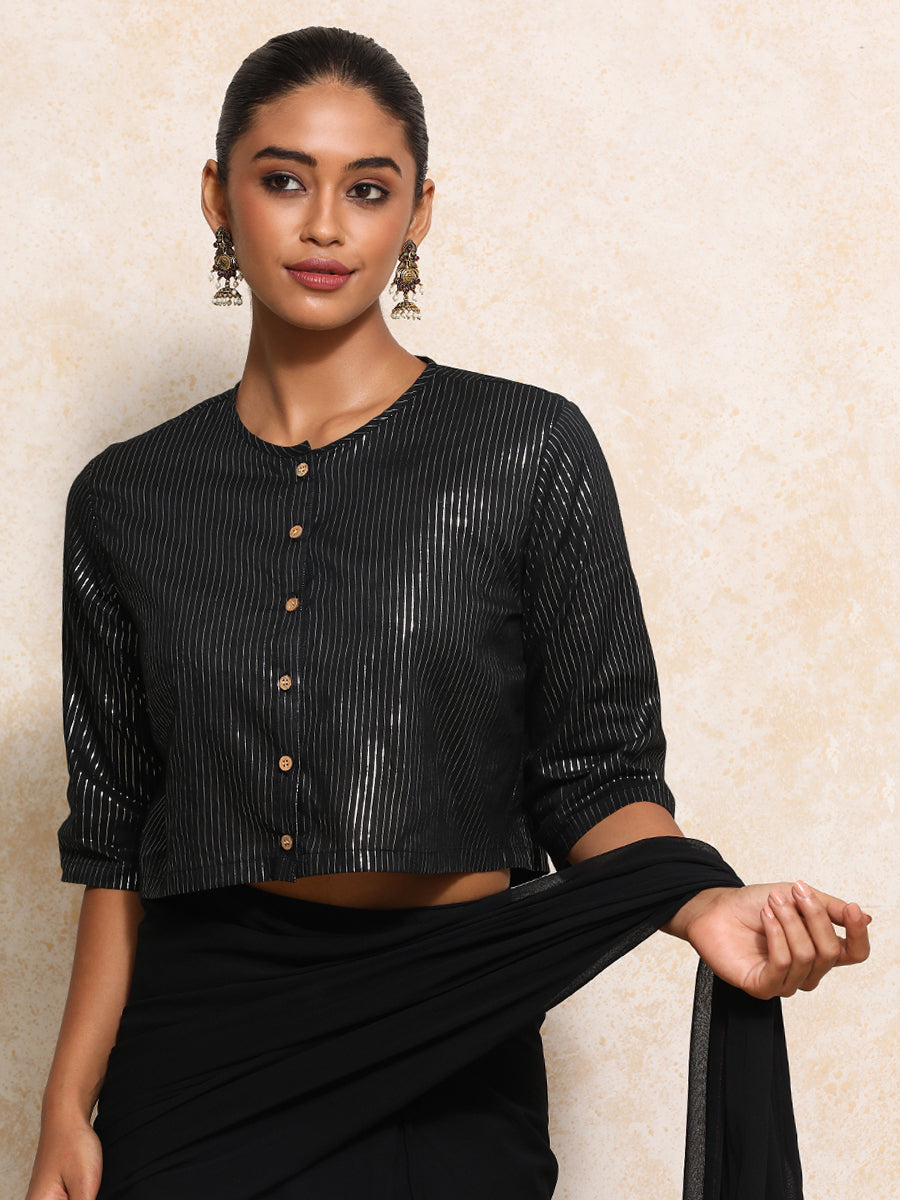 Parvati x Tyohaar Saree Blouse, in Black 100% Cotton & Lurex, featuring elbow sleeves and jewel neckline (view 5).