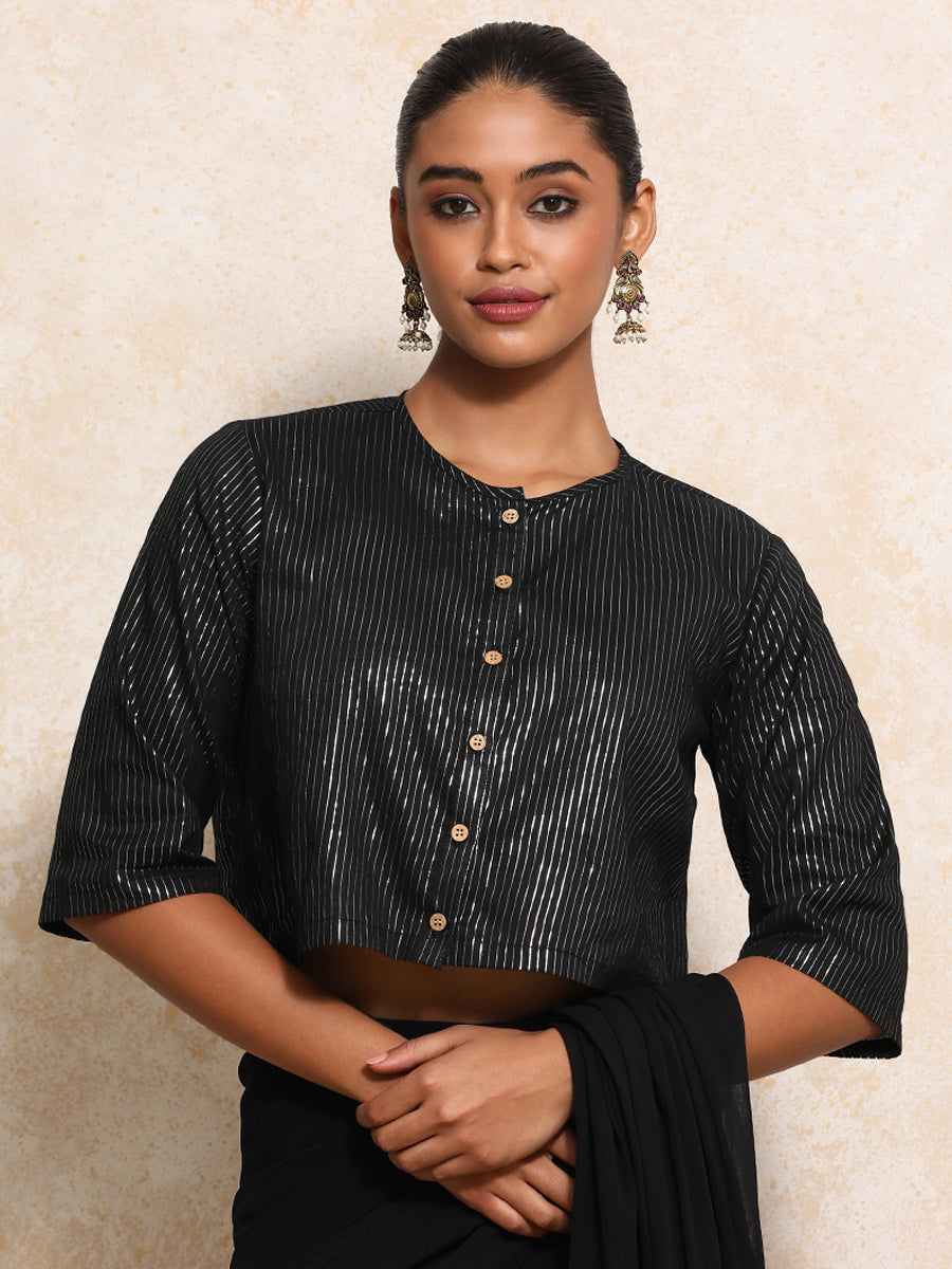 Parvati x Tyohaar Saree Blouse, in Black 100% Cotton & Lurex, featuring elbow sleeves and jewel neckline (view 6).