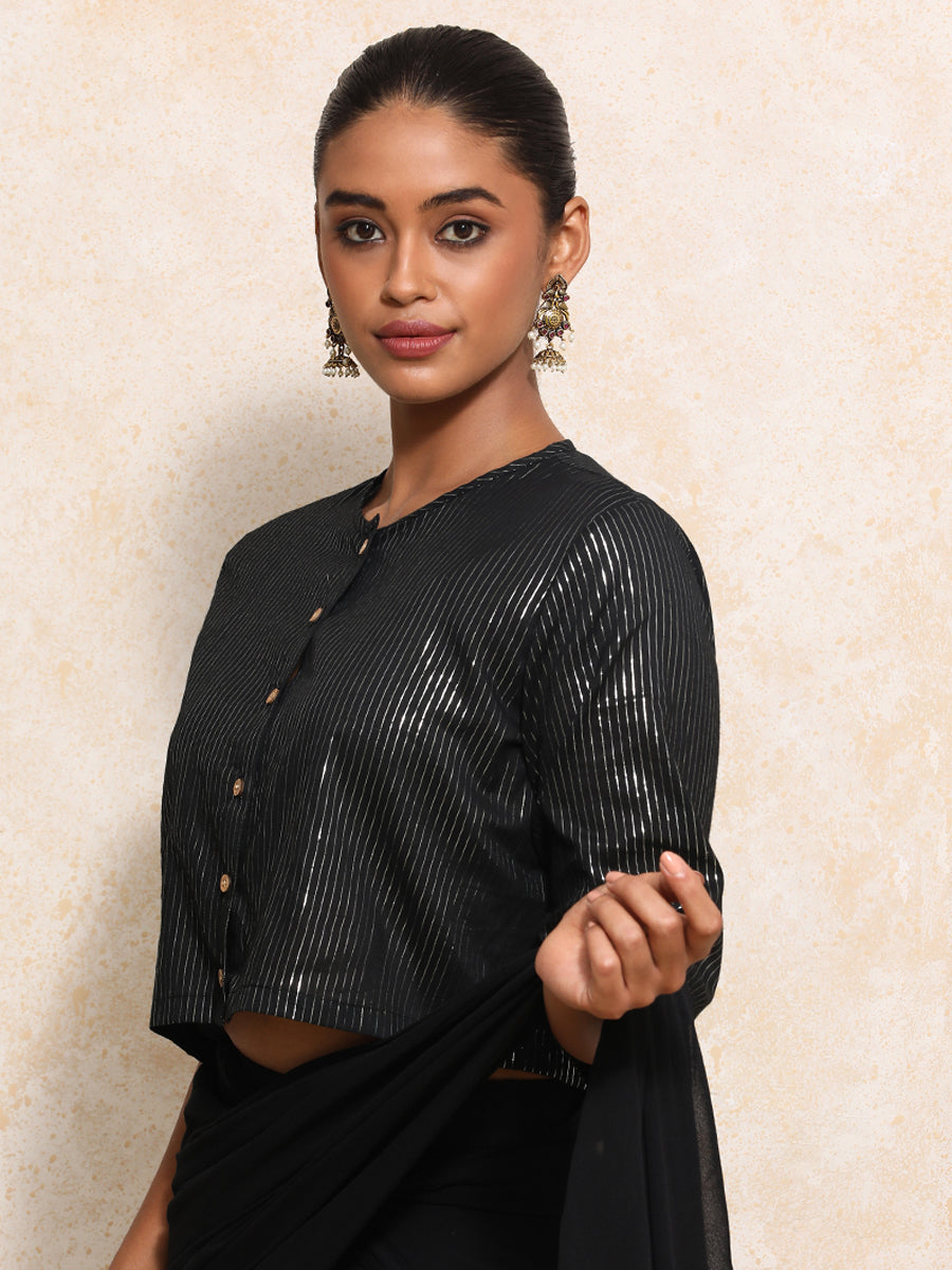 Parvati x Tyohaar Saree Blouse, in Black 100% Cotton & Lurex, featuring elbow sleeves and jewel neckline (view 7).