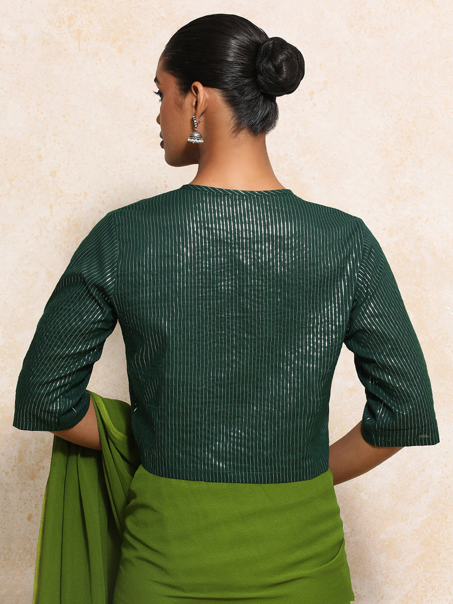 Parvati x Tyohaar Saree Blouse, in Green 100% Cotton & Lurex, featuring elbow sleeves and jewel neckline (view 2).