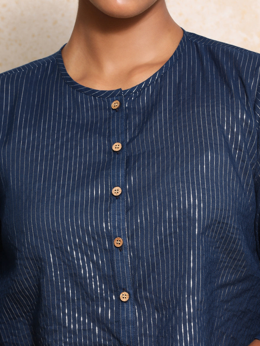 Parvati x Tyohaar Saree Blouse, in Blue 100% Cotton & Lurex, featuring elbow sleeves and jewel neckline (view 3).