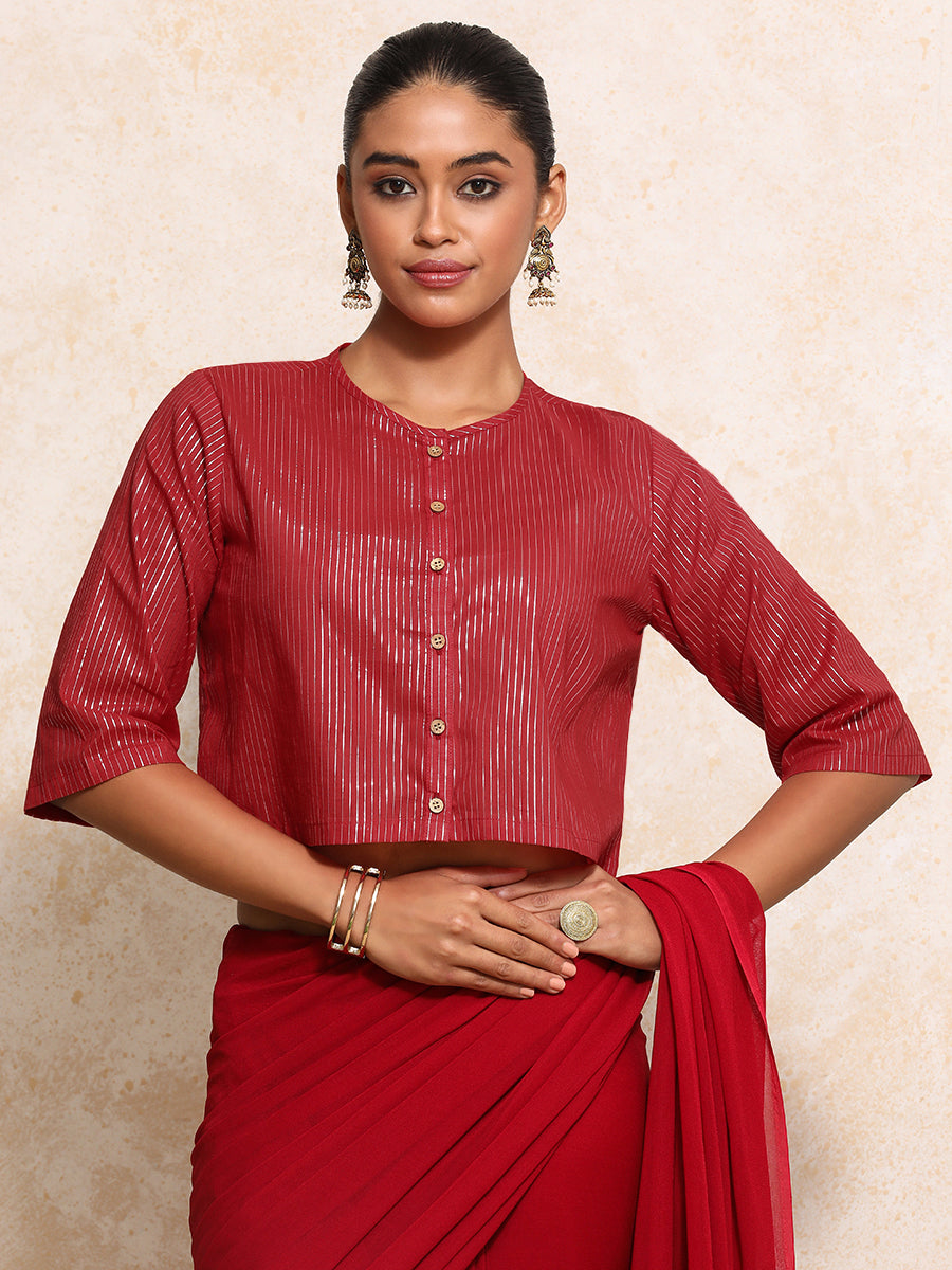 Parvati x Tyohaar | Elbow Sleeves Saree Blouse in Red Silver Stripe Cotton