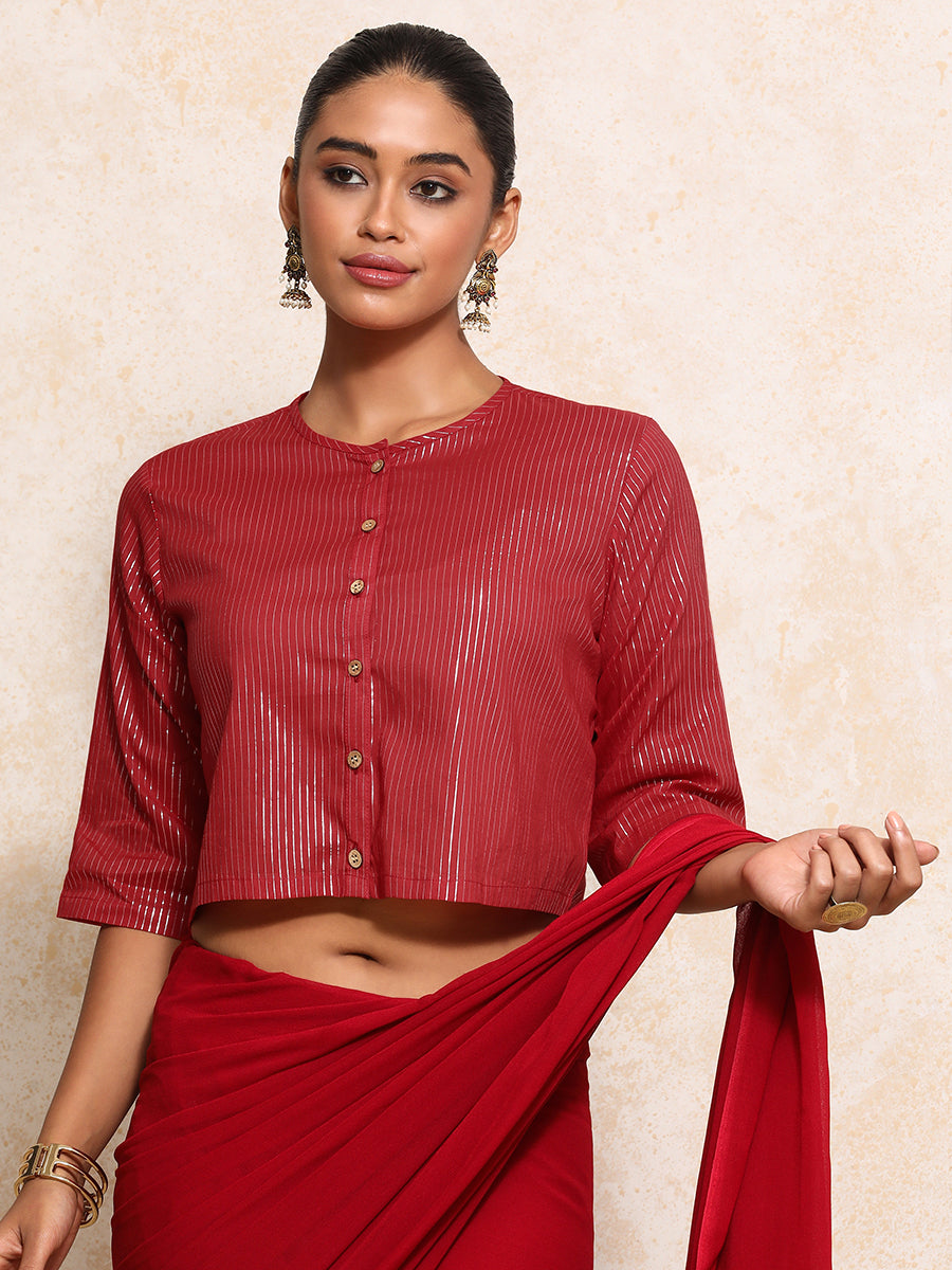 Parvati x Tyohaar Saree Blouse, in Red 100% Cotton & Lurex, featuring elbow sleeves and jewel neckline (view 5).