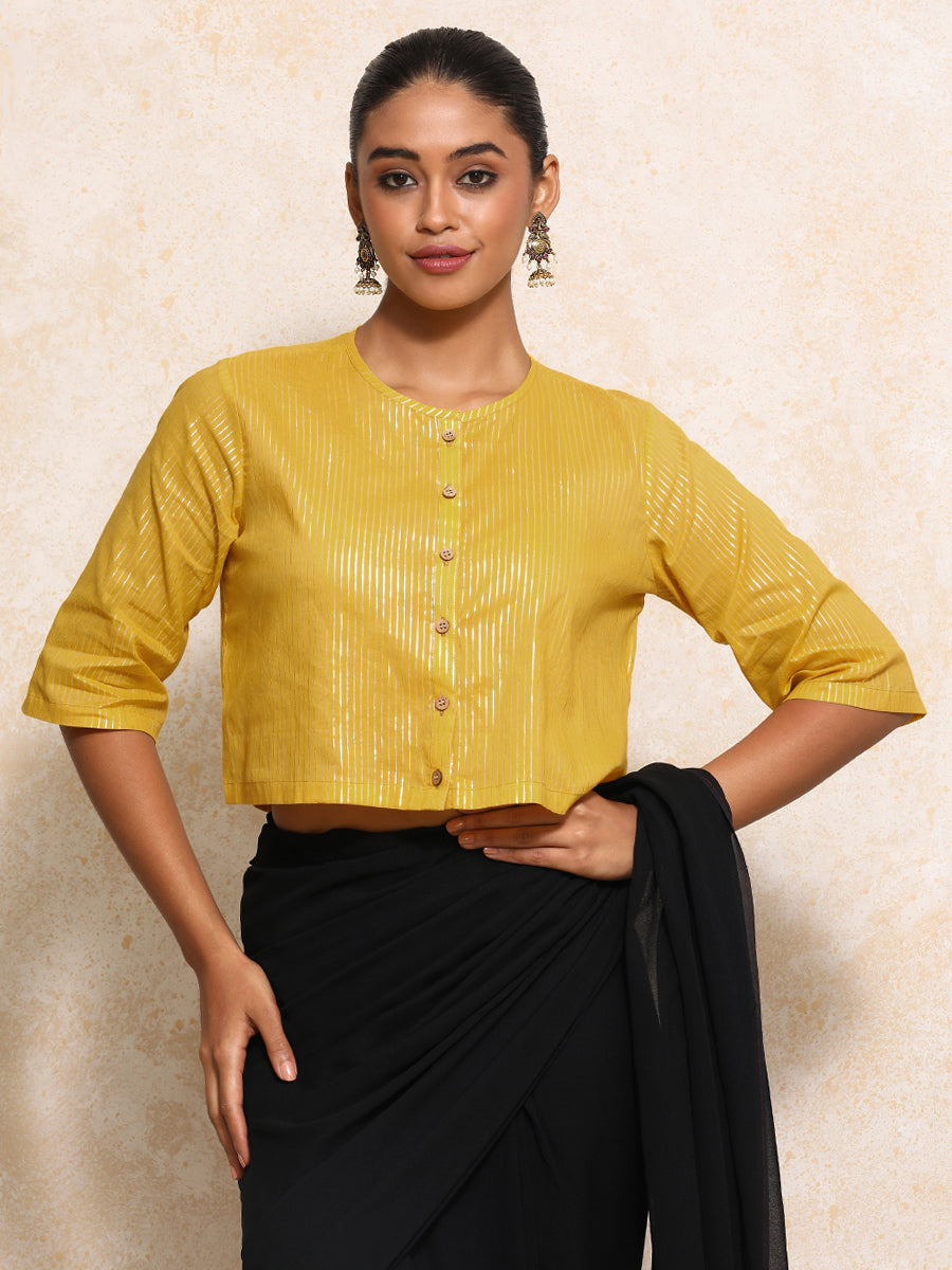 Parvati x Tyohaar Saree Blouse, in Yellow 100% Cotton & Lurex, featuring elbow sleeves and jewel neckline (view 4).