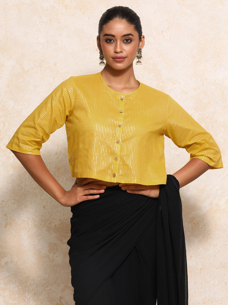 Parvati x Tyohaar Saree Blouse, in Yellow 100% Cotton & Lurex, featuring elbow sleeves and jewel neckline (view 5).