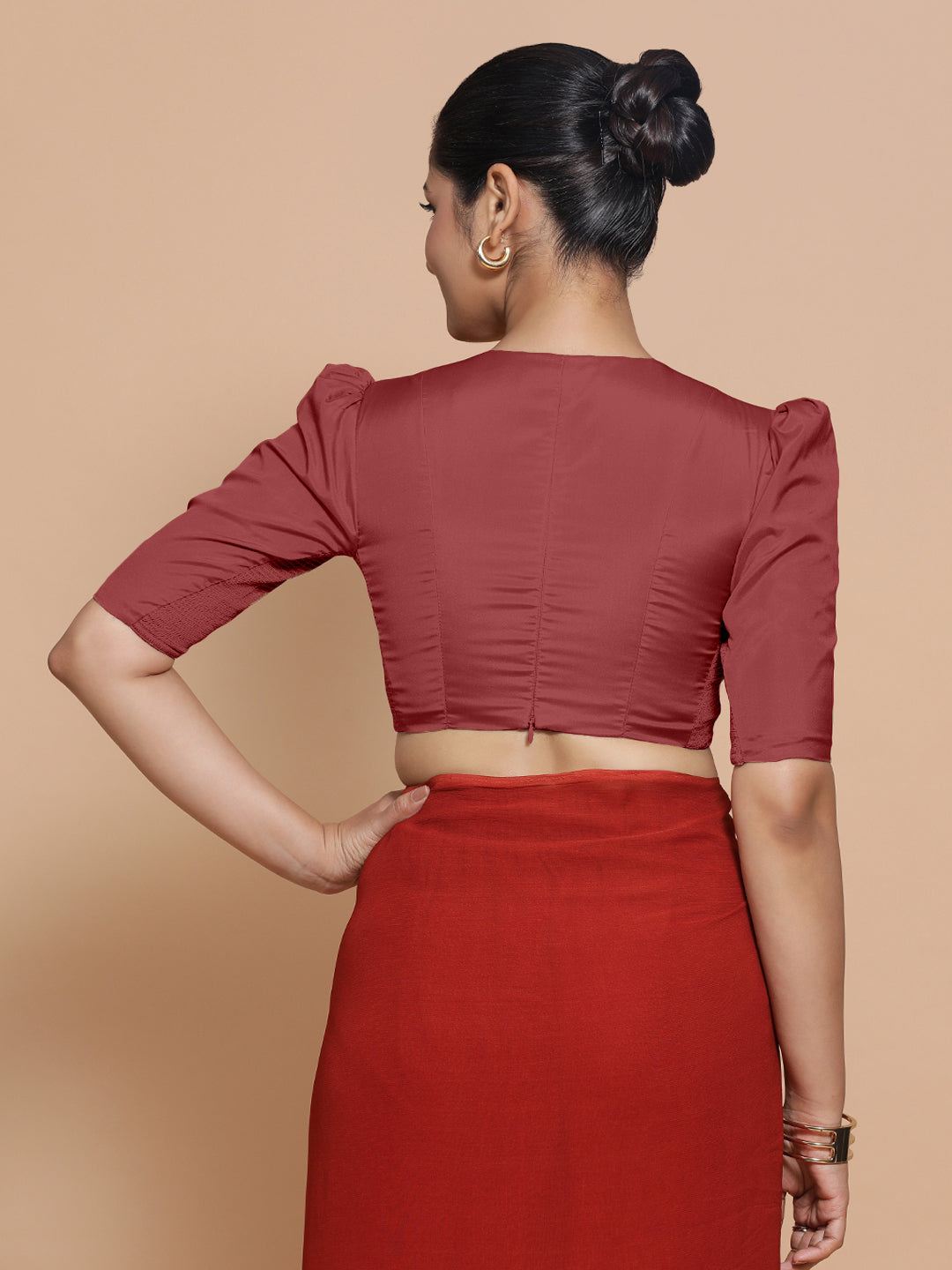 Pavani x Rozaana Saree Blouse, in Red Vegan Silk, featuring elbow sleeves and v-neckline, made for party & festive (view 2).