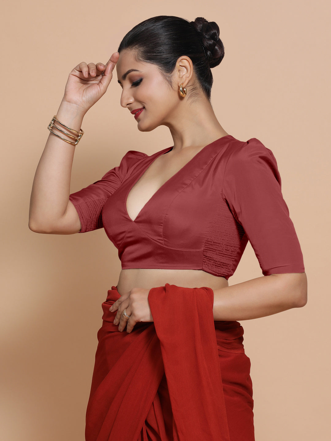 Pavani x Rozaana Saree Blouse, in Red Vegan Silk, featuring elbow sleeves and v-neckline, made for party & festive (view 4).
