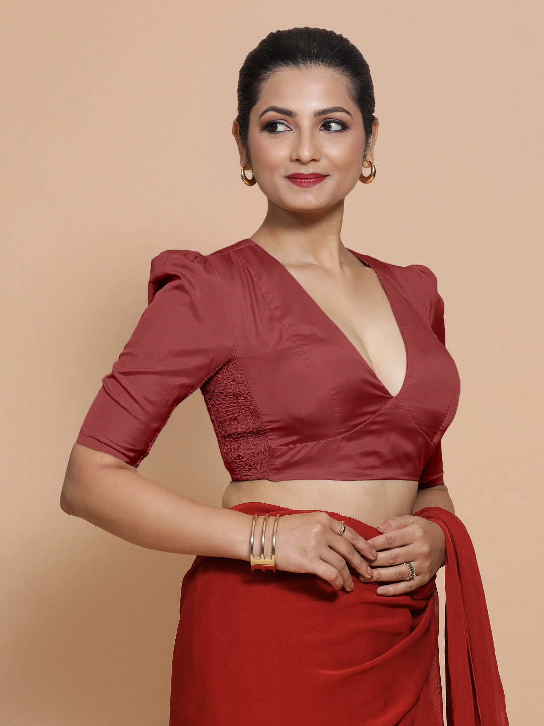 Pavani x Rozaana Saree Blouse, in Red Vegan Silk, featuring elbow sleeves and v-neckline, made for party & festive (view 5).
