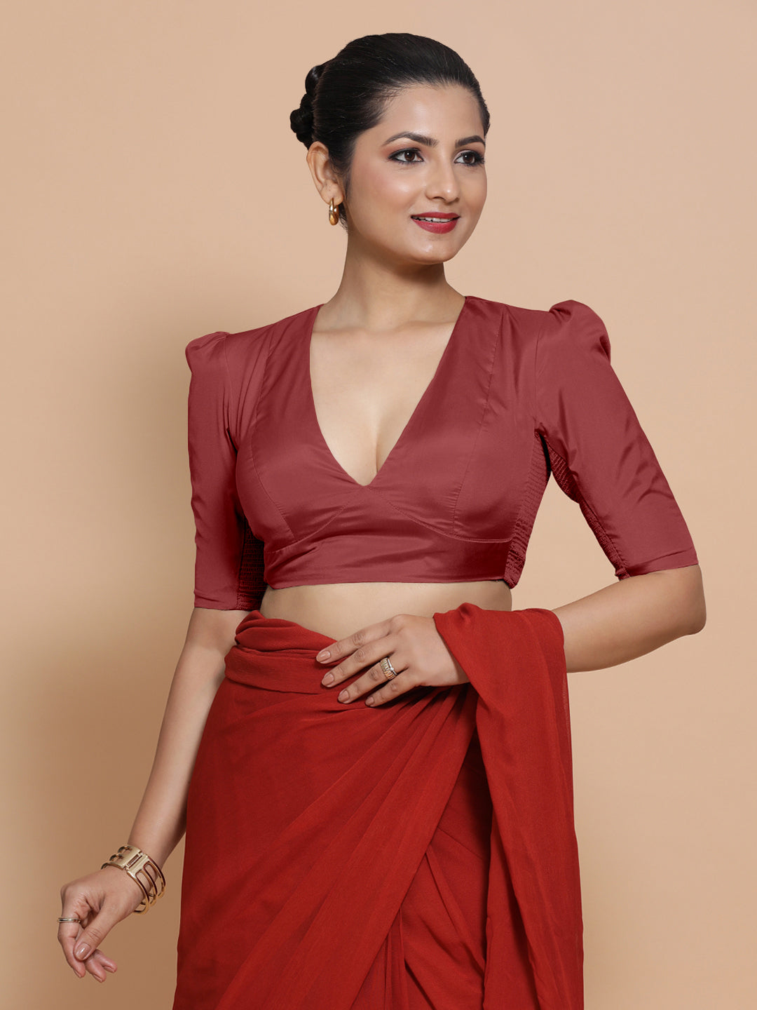 Pavani x Rozaana Saree Blouse, in Red Vegan Silk, featuring elbow sleeves and v-neckline, made for party & festive (view 6).