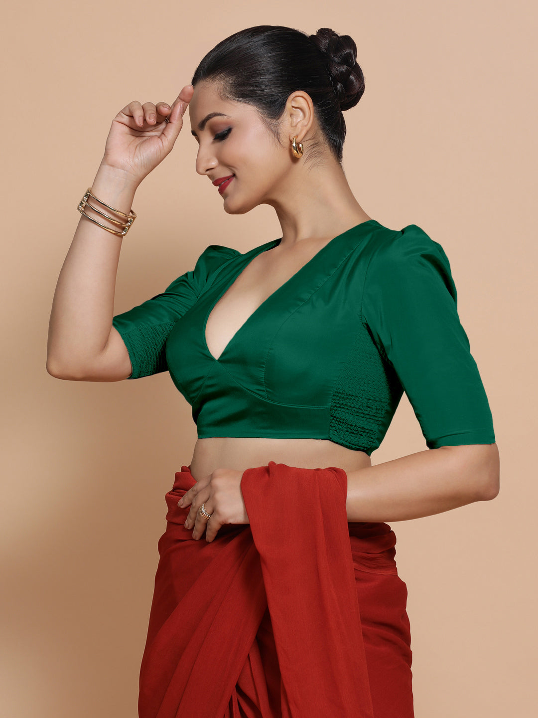 Pavani x Rozaana Saree Blouse, in Green Vegan Silk, featuring elbow sleeves and v-neckline, made for party & festive.