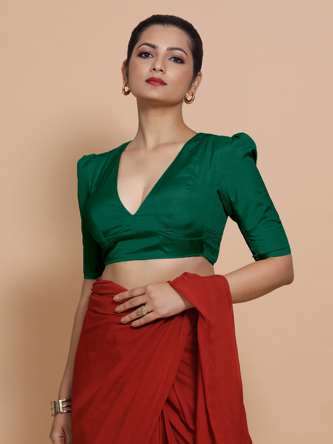 Pavani x Rozaana Saree Blouse, in Green Vegan Silk, featuring elbow sleeves and v-neckline, made for party & festive (view 7).