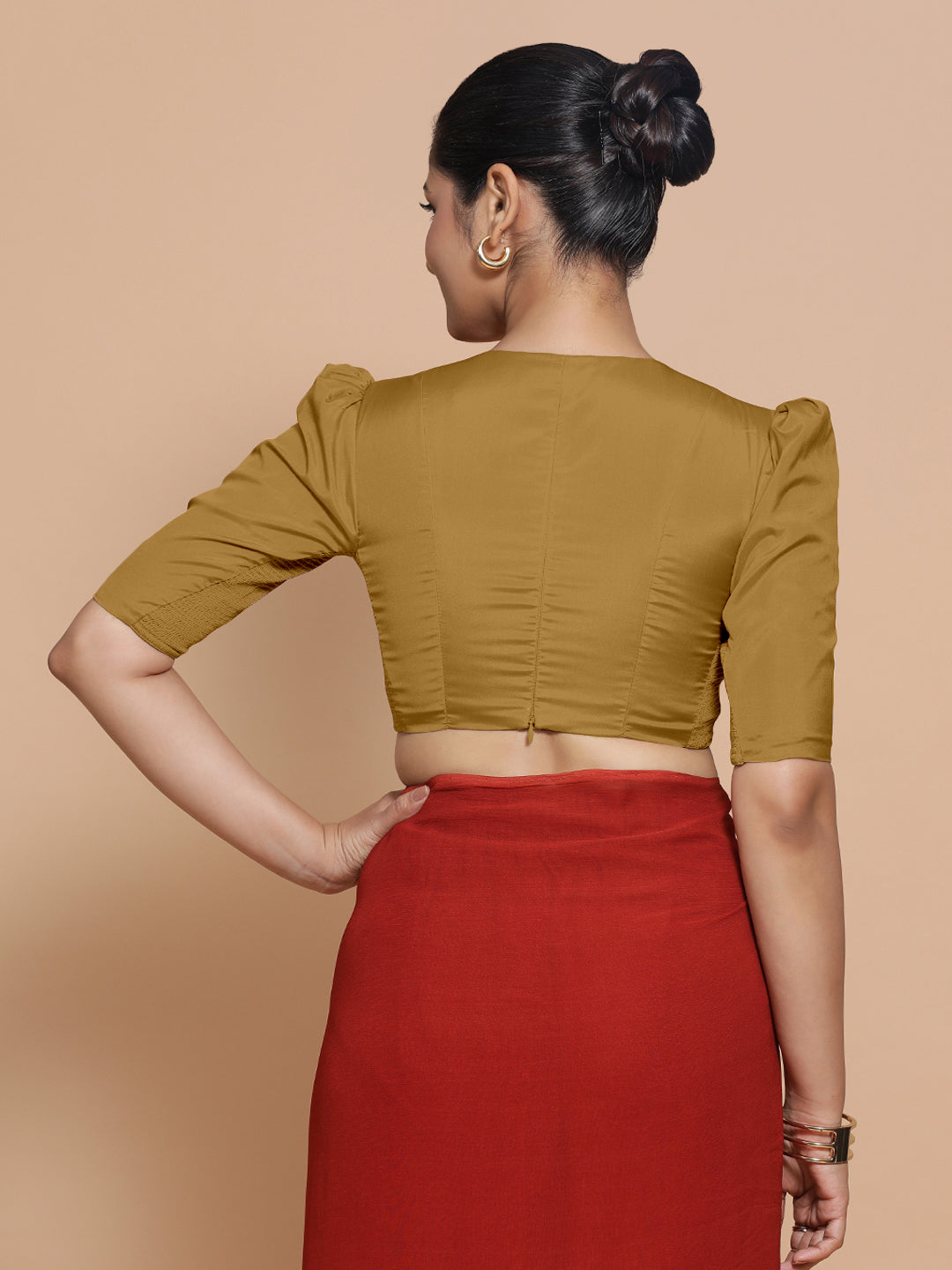 Pavani x Rozaana Saree Blouse, in Gold Vegan Silk, featuring elbow sleeves and v-neckline, made for party & festive (view 2).