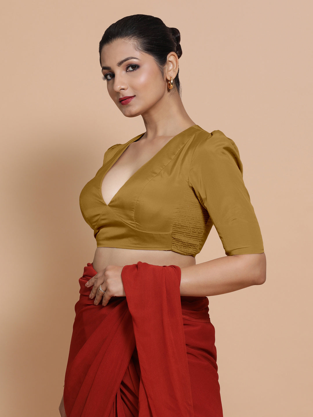 Pavani x Rozaana Saree Blouse, in Gold Vegan Silk, featuring elbow sleeves and v-neckline, made for party & festive (view 7).