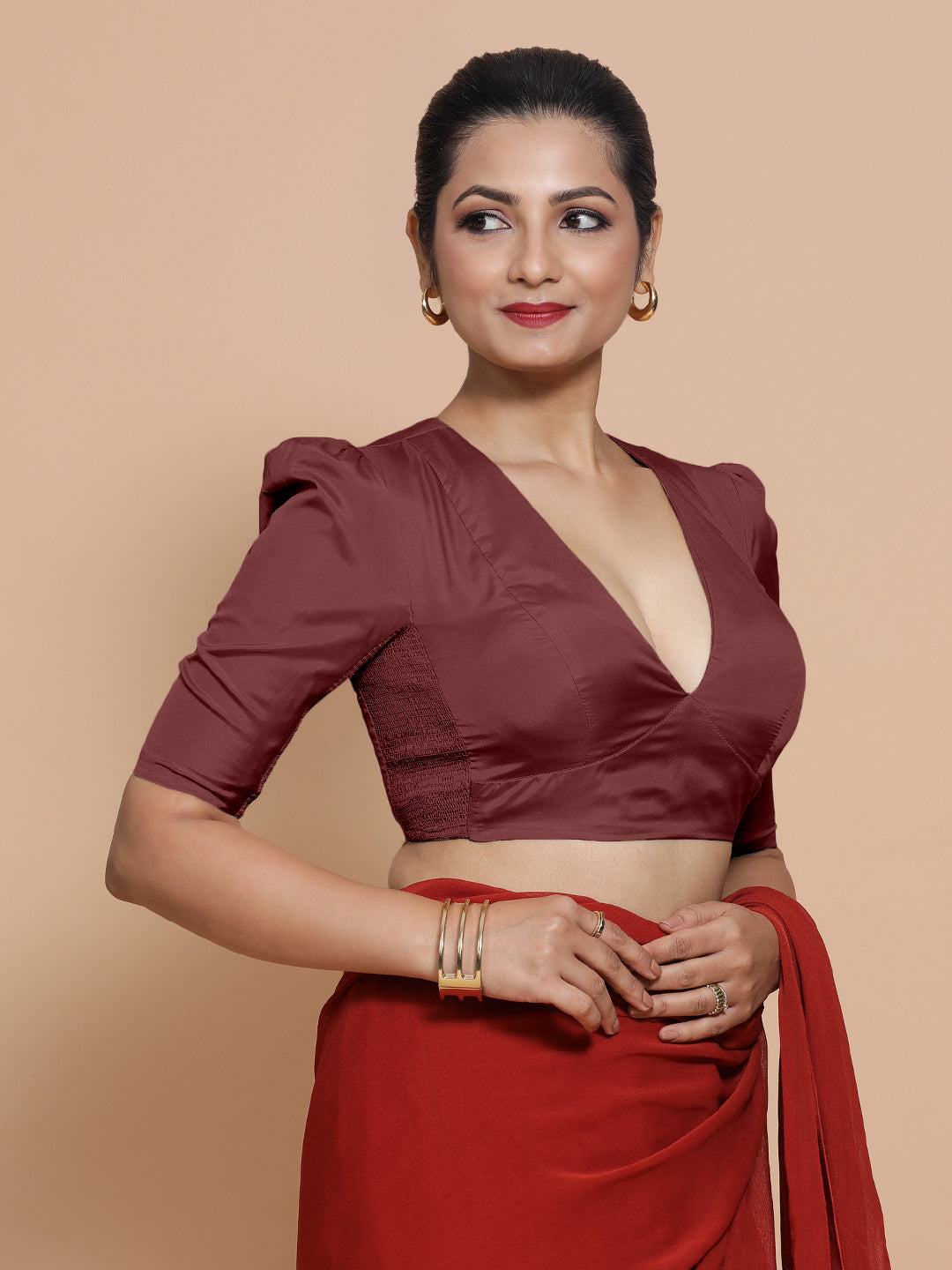 Pavani x Rozaana Saree Blouse, in Maroon Vegan Silk, featuring elbow sleeves and v-neckline, made for party & festive (view 6).