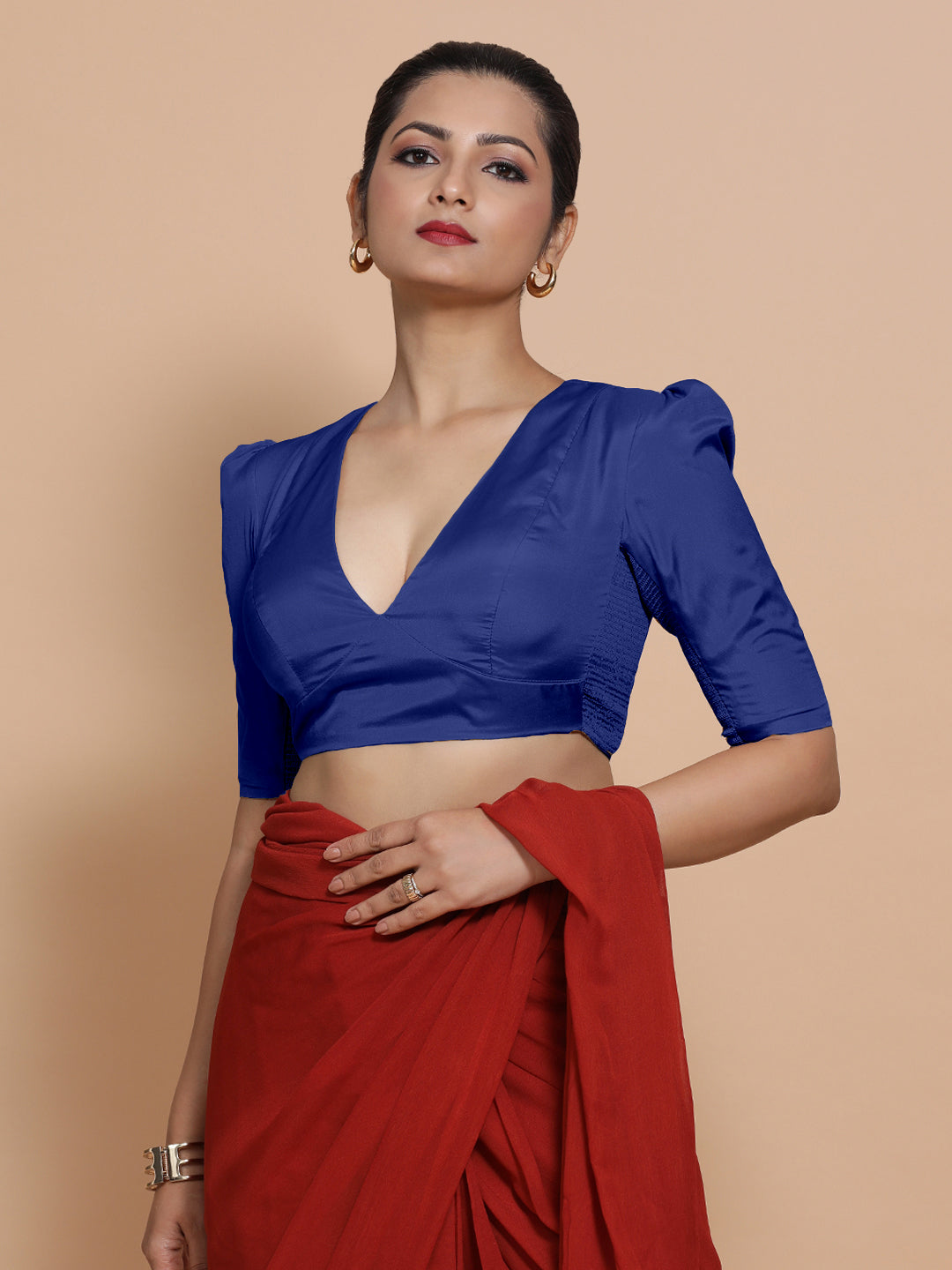 Pavani x Rozaana Saree Blouse, in Blue Vegan Silk, featuring elbow sleeves and v-neckline, made for party & festive.