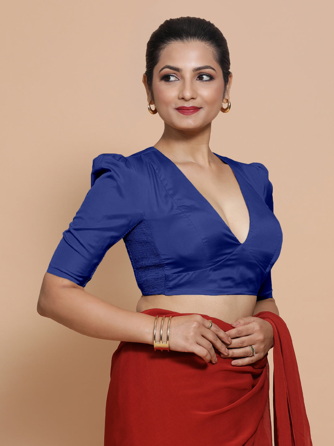 Pavani x Rozaana Saree Blouse, in Blue Vegan Silk, featuring elbow sleeves and v-neckline, made for party & festive (view 5).