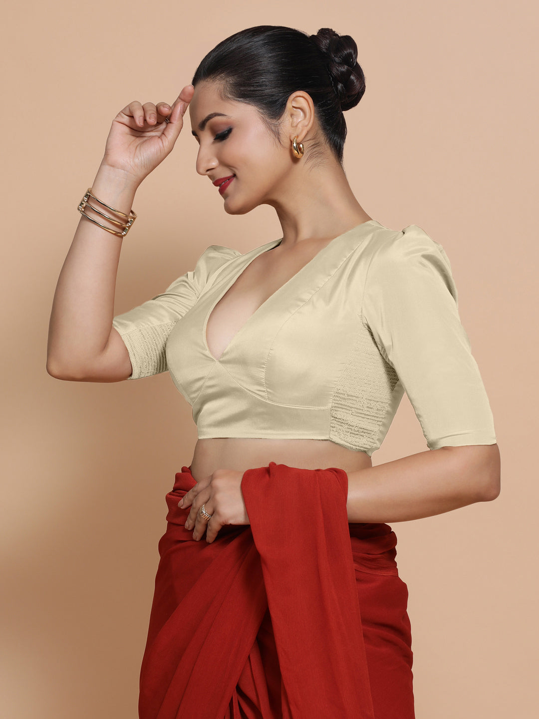 Pavani x Rozaana Saree Blouse, in Cream Vegan Silk, featuring elbow sleeves and v-neckline, made for party & festive (view 5).
