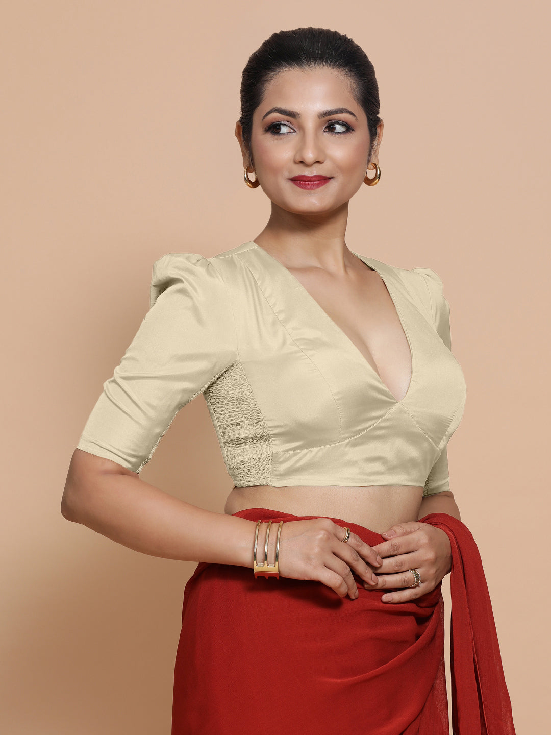 Pavani x Rozaana Saree Blouse, in Cream Vegan Silk, featuring elbow sleeves and v-neckline, made for party & festive (view 6).