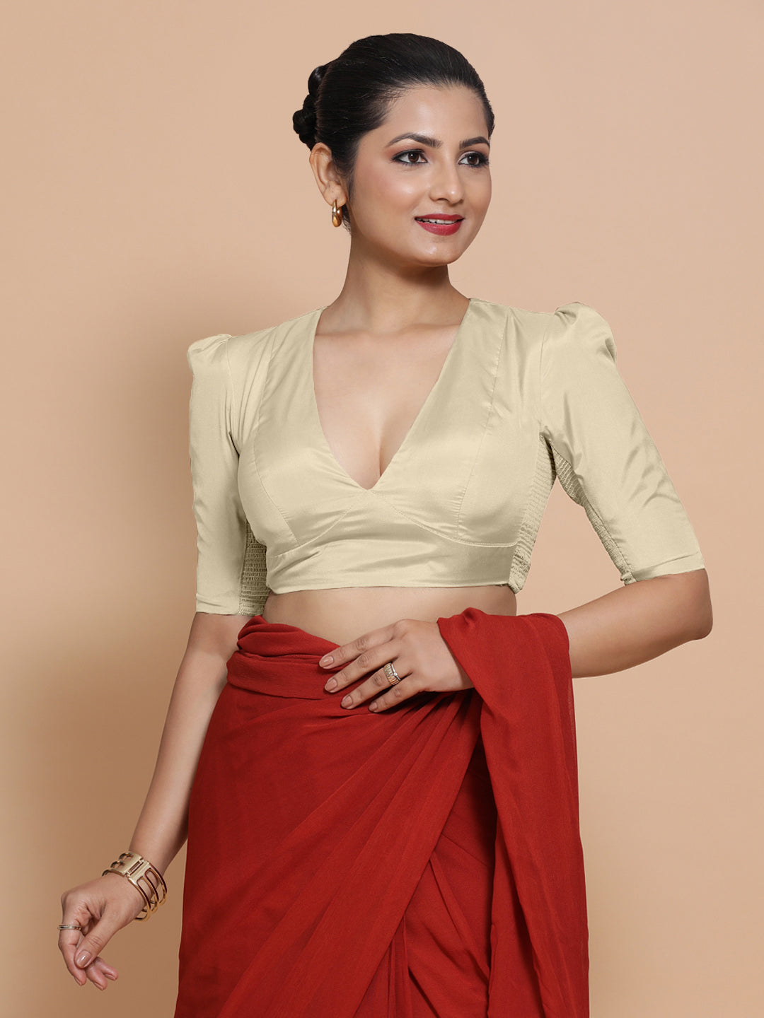 Pavani x Rozaana Saree Blouse, in Cream Vegan Silk, featuring elbow sleeves and v-neckline, made for party & festive (view 7).