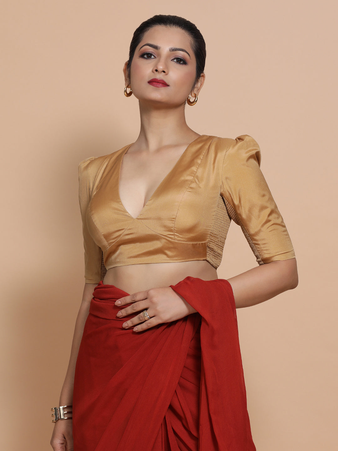 Pavani x Rozaana Saree Blouse, in Gold Vegan Silk, featuring elbow sleeves and v-neckline, made for party & festive (view 6).