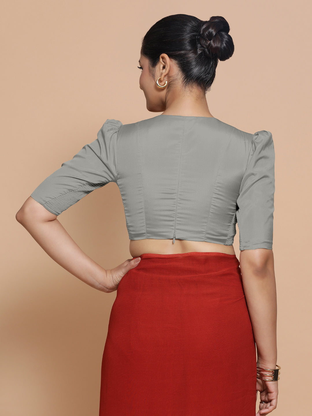 Pavani x Rozaana Saree Blouse, in Grey Vegan Silk, featuring elbow sleeves and v-neckline, made for party & festive (view 2).