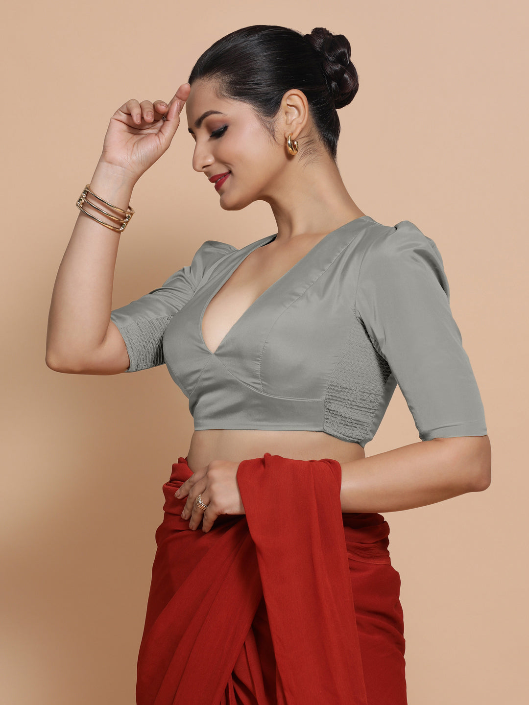 Pavani x Rozaana Saree Blouse, in Grey Vegan Silk, featuring elbow sleeves and v-neckline, made for party & festive (view 4).
