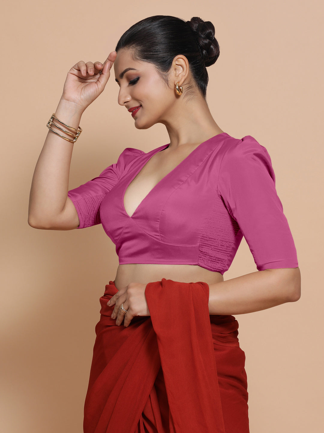 Pavani x Rozaana Saree Blouse, in Pink Artificial Silk, featuring elbow sleeves and v-neckline, made for party & festive.