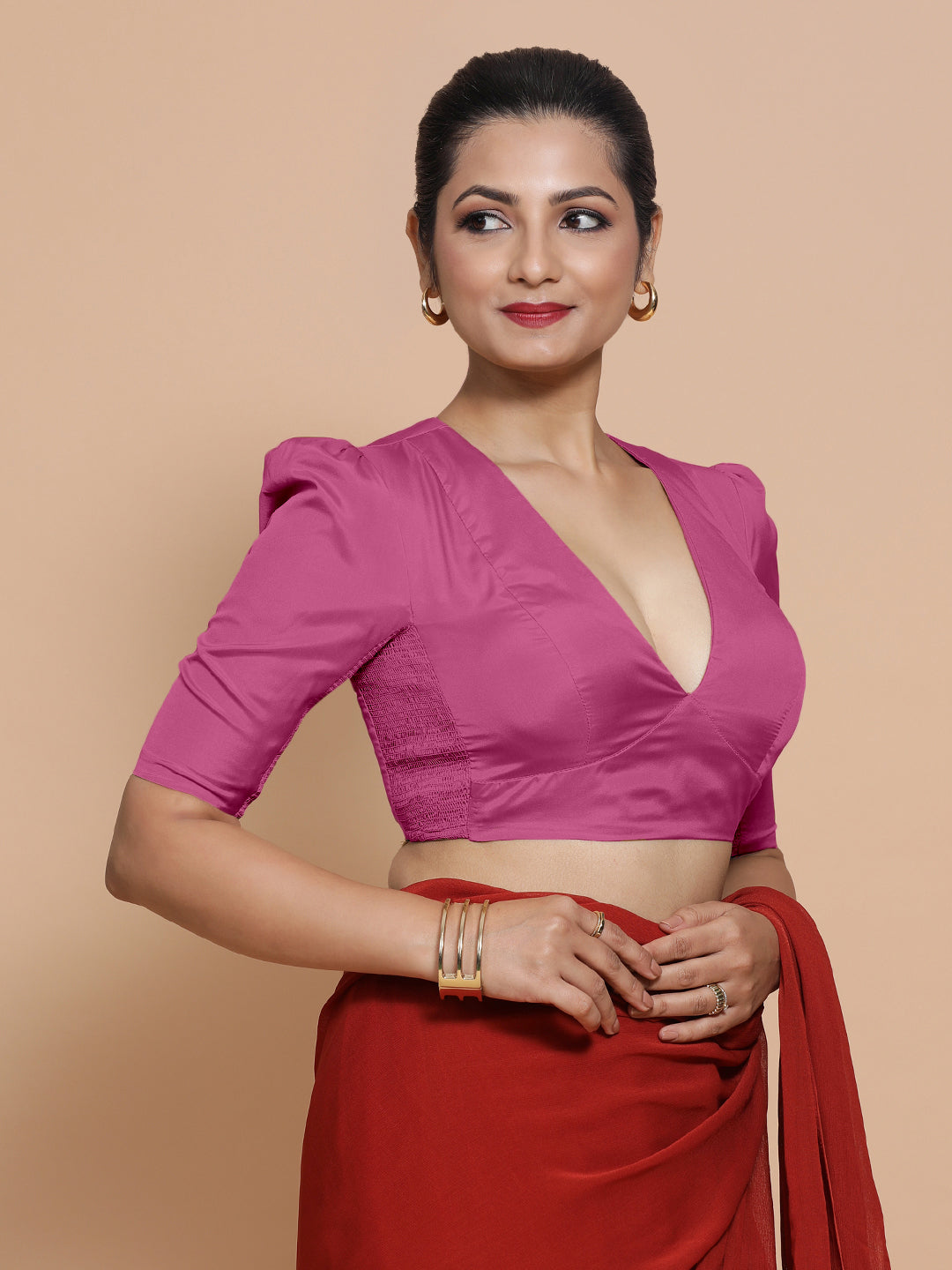 Pavani x Rozaana Saree Blouse, in Pink Artificial Silk, featuring elbow sleeves and v-neckline, made for party & festive.