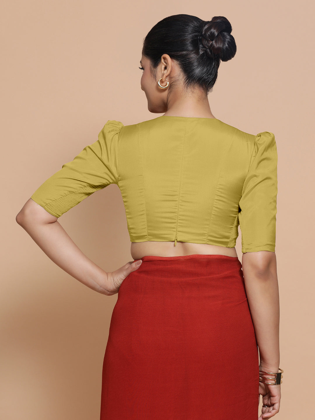Pavani x Rozaana Saree Blouse, in Yellow Vegan Silk, featuring elbow sleeves and v-neckline, made for party & festive (view 2).