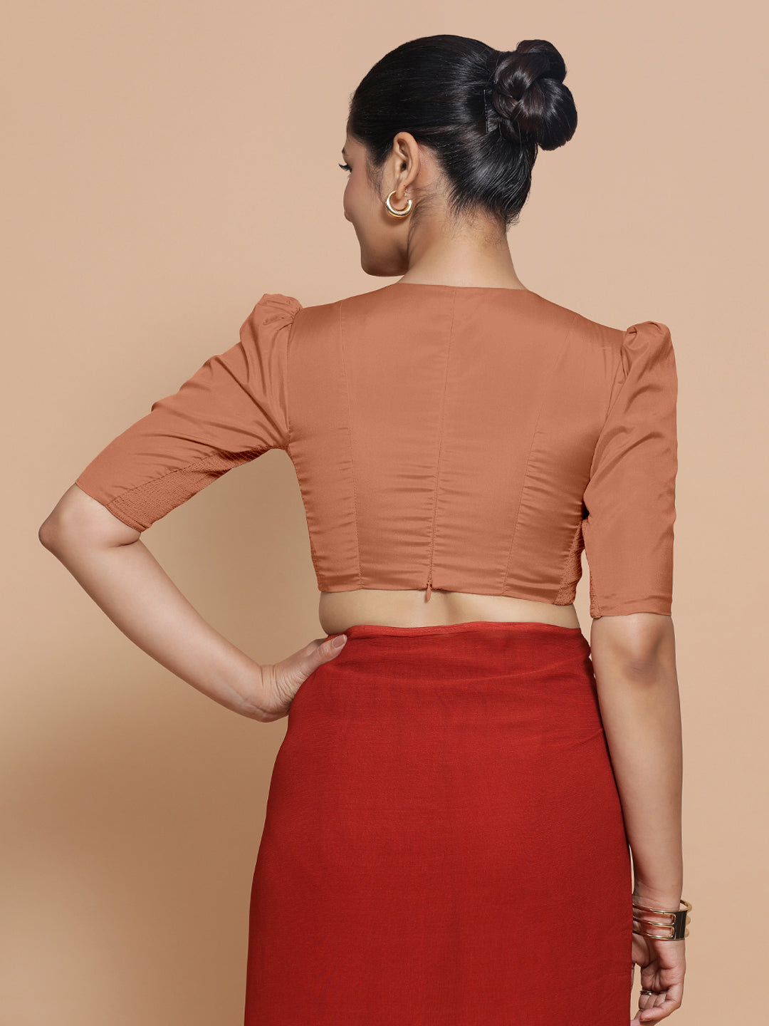 Pavani x Rozaana Saree Blouse, in Copper Vegan Silk, featuring elbow sleeves and v-neckline, made for party & festive (view 2).