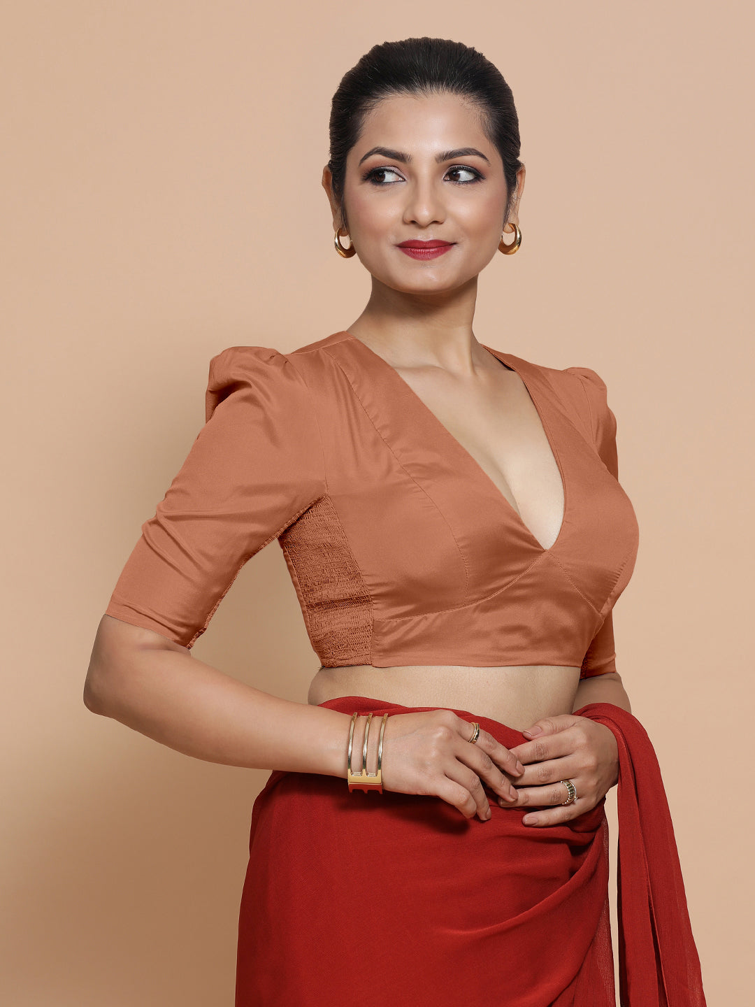 Pavani x Rozaana Saree Blouse, in Copper Vegan Silk, featuring elbow sleeves and v-neckline, made for party & festive (view 6).