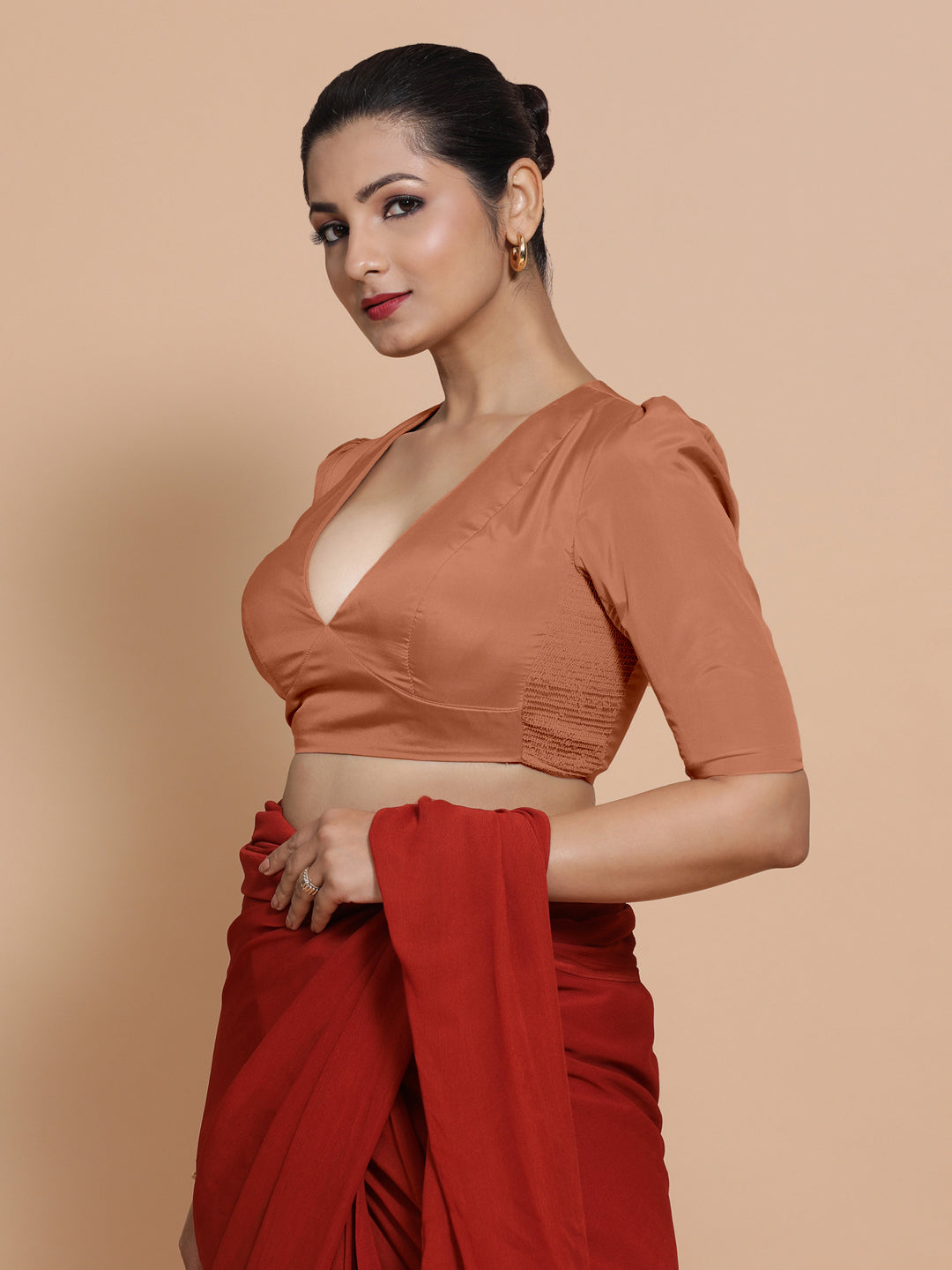 Pavani x Rozaana Saree Blouse, in Copper Vegan Silk, featuring elbow sleeves and v-neckline, made for party & festive (view 7).