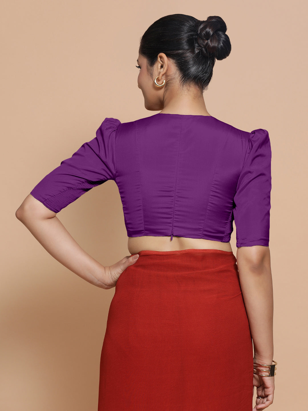 Pavani x Rozaana Saree Blouse, in Purple Vegan Silk, featuring elbow sleeves and v-neckline, made for party & festive (view 2).