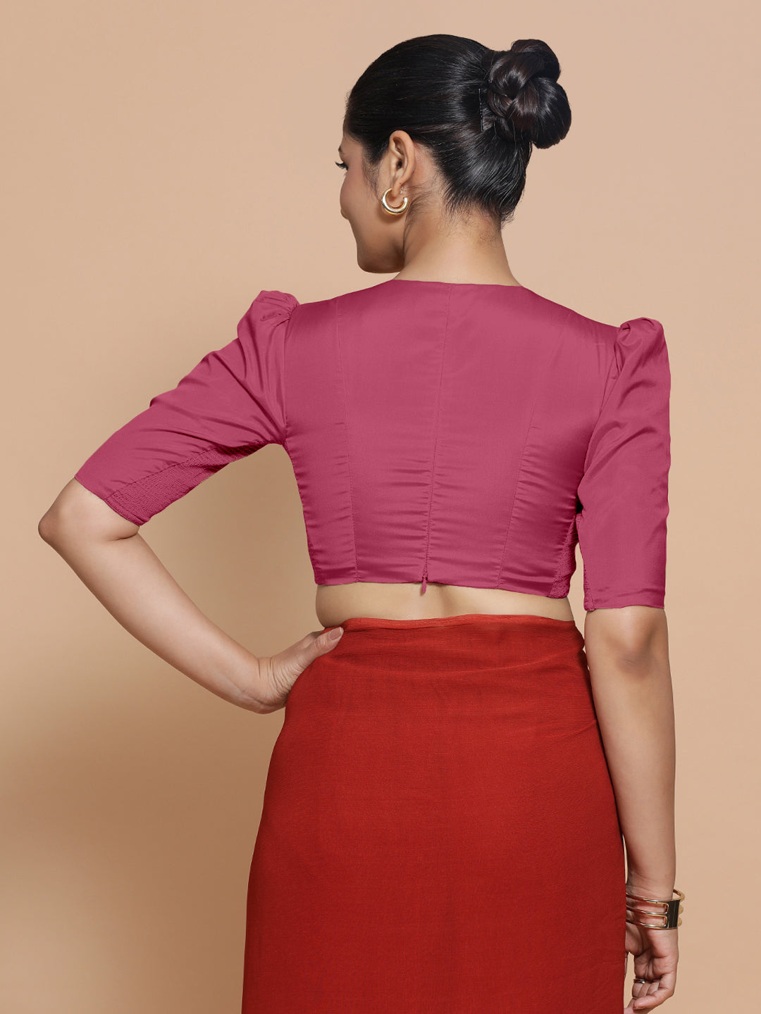 Pavani x Rozaana Saree Blouse, in Pink Vegan Silk, featuring elbow sleeves and v-neckline, made for party & festive (view 2).