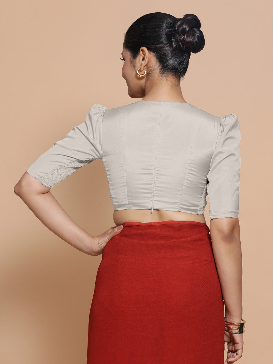 Pavani x Rozaana Saree Blouse, in Silver Vegan Silk, featuring elbow sleeves and v-neckline, made for party & festive (view 2).