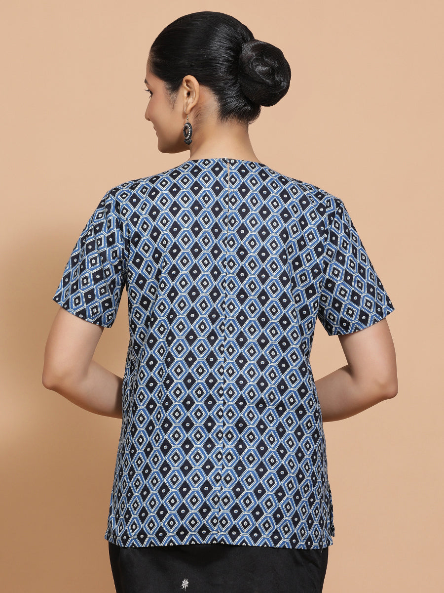 Pooja x Rozaana Saree Blouse, in Blue Cotton, featuring short sleeves and jewel neckline, made for daily & work (view 2).
