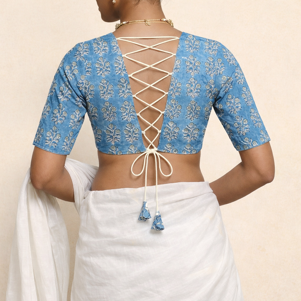 Prabha x Rozaana Saree Blouse, in Blue 100% Cotton - Block Printed, featuring elbow sleeves and v-neckline (view 2).
