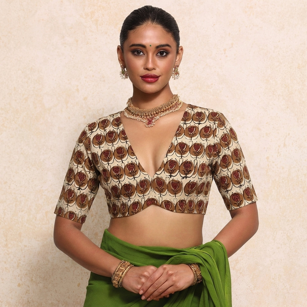Prabha x Rozaana | Elbow Sleeves Cream Floral Block Print Cotton Saree Blouse