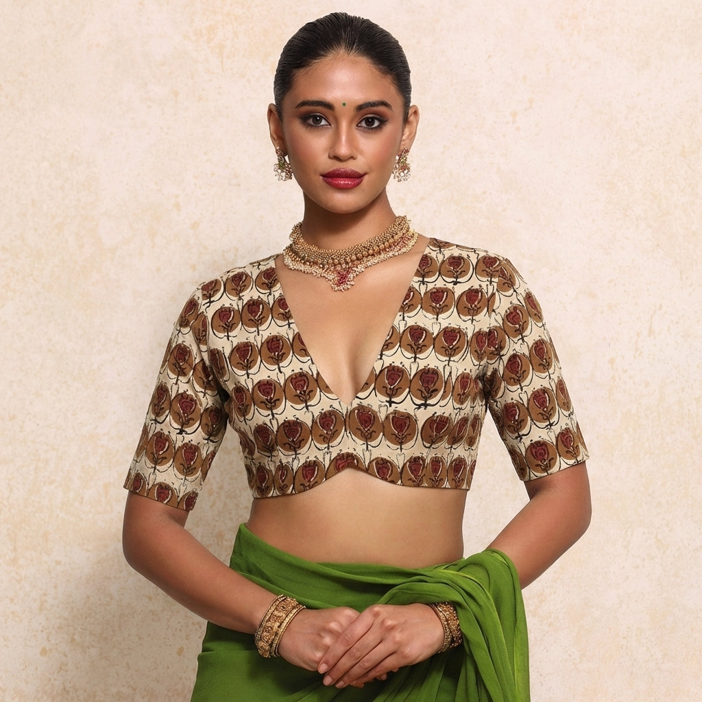 Prabha x Rozaana Saree Blouse, in Cream 100% Cotton - Block Printed, featuring elbow sleeves and v-neckline.
