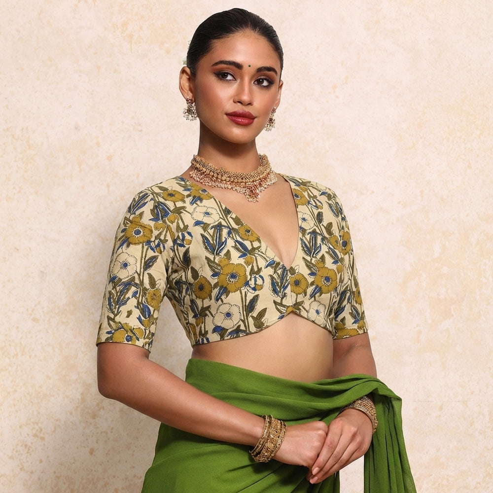 Prabha x Rozaana | Elbow Sleeves Cream Meadow Block Print Cotton Saree Blouse