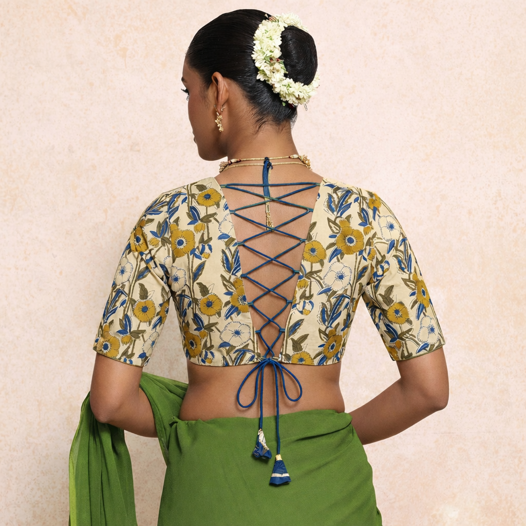 Prabha x Rozaana Saree Blouse, in Cream 100% Cotton - Block Printed, featuring elbow sleeves and v-neckline (view 2).