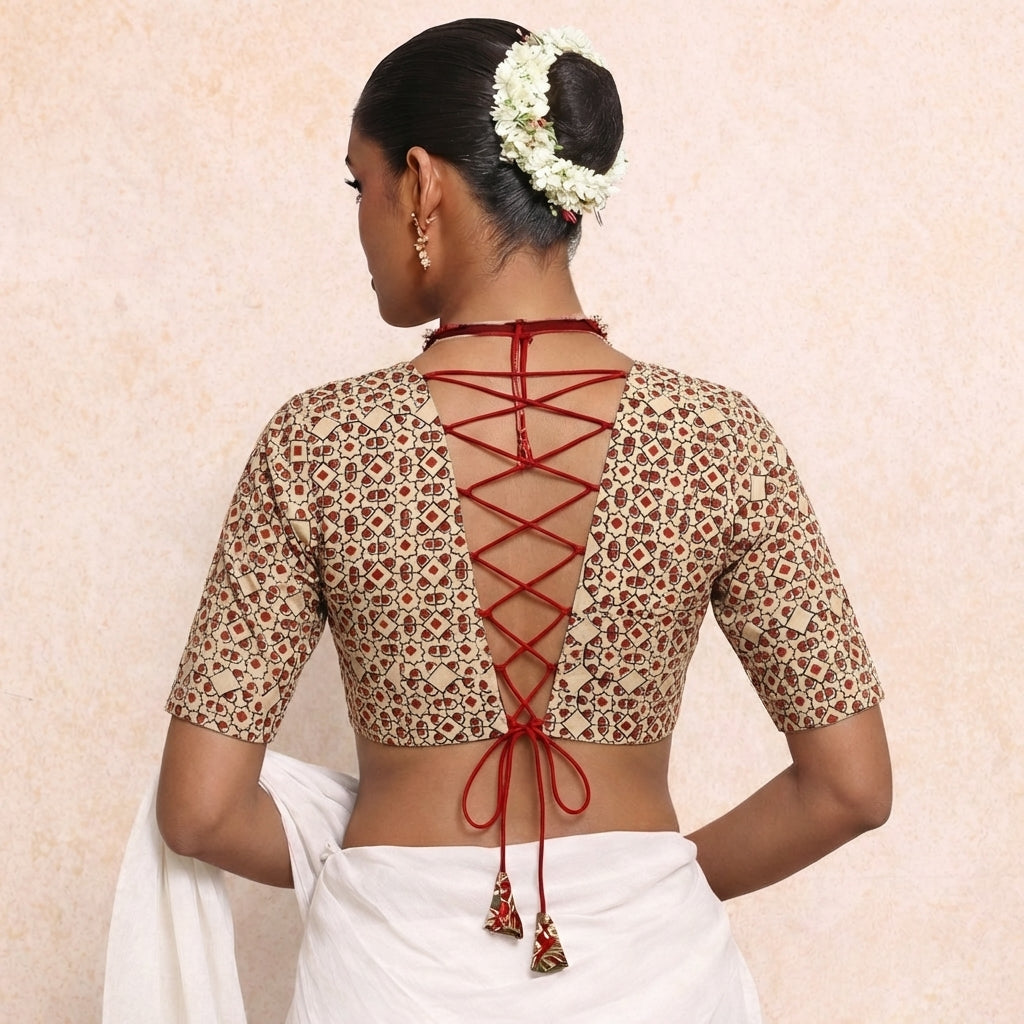Prabha x Rozaana Saree Blouse, in Cream 100% Cotton - Block Printed, featuring elbow sleeves and v-neckline (view 2).
