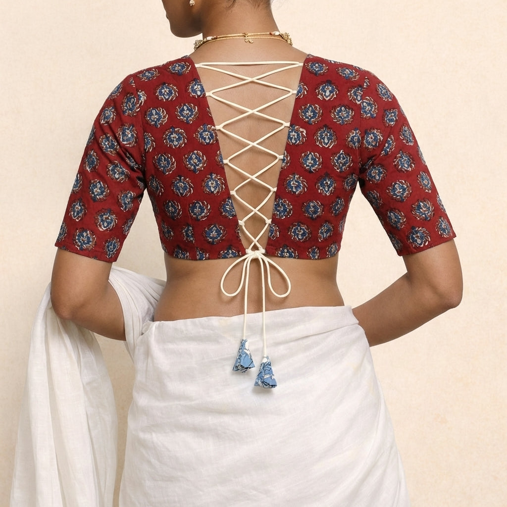 Prabha x Rozaana Saree Blouse, in Red 100% Cotton - Block Printed, featuring elbow sleeves and v-neckline (view 2).
