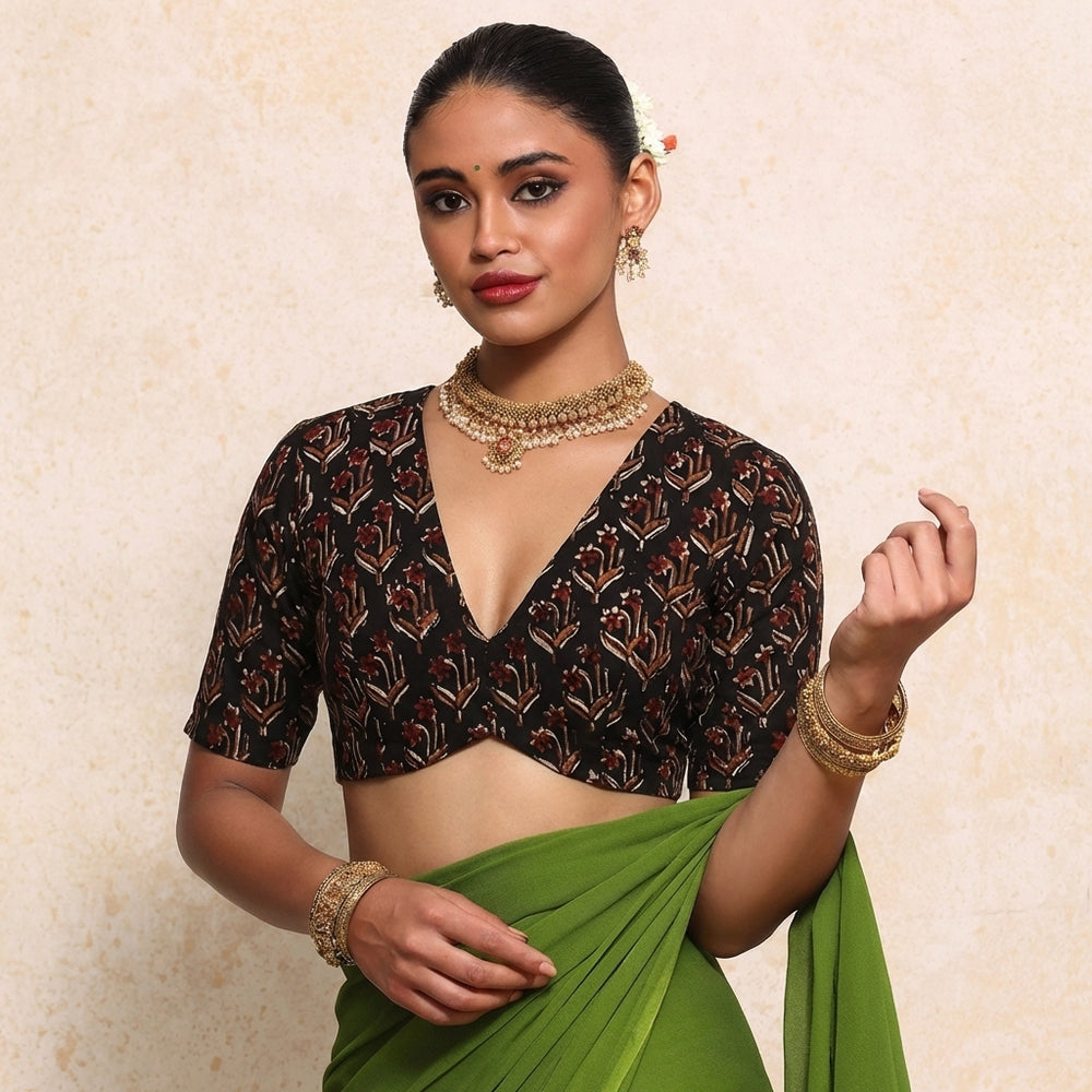 Prabha x Rozaana | Elbow Sleeves Midnight Lily Block Print Cotton Saree Blouse