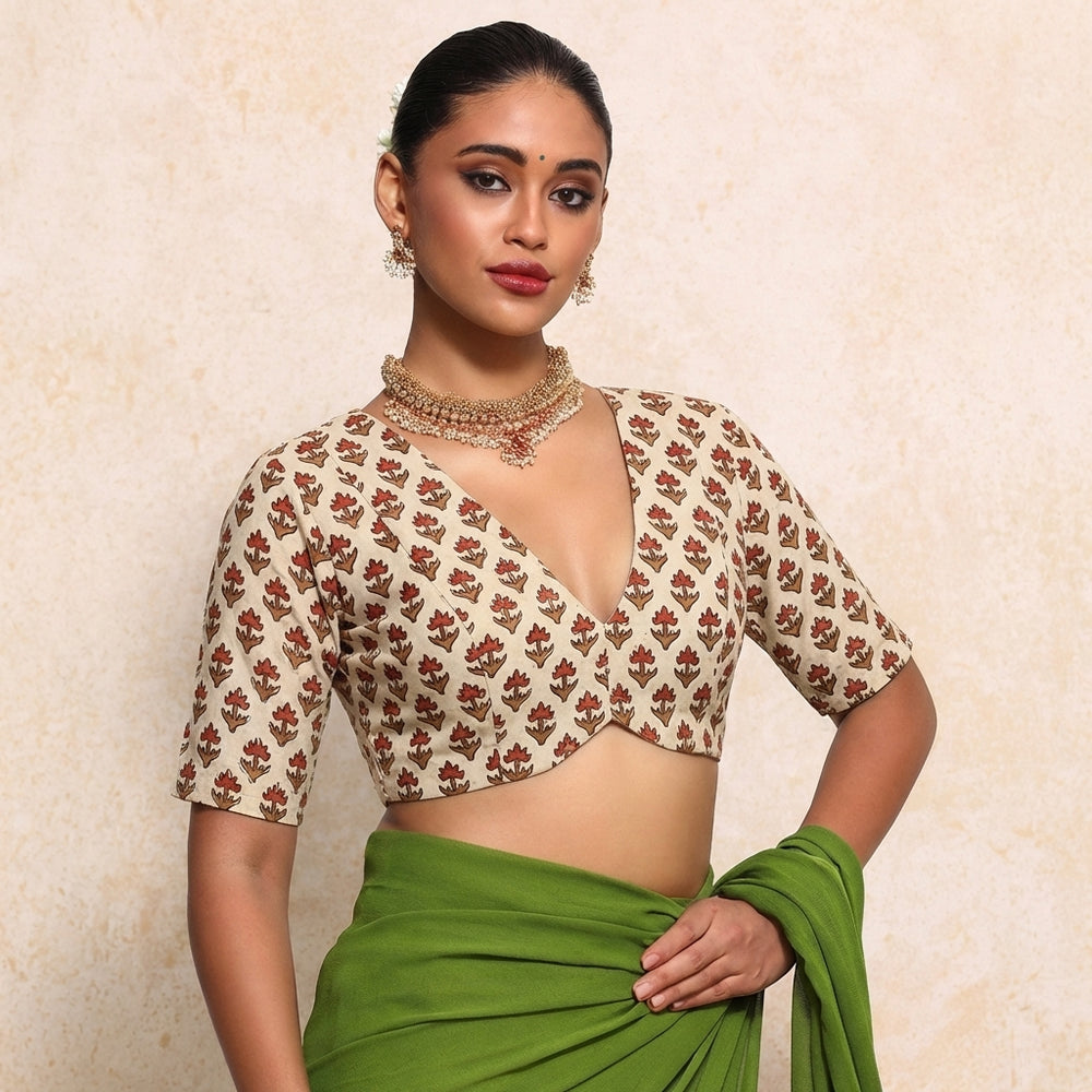 Prabha x Rozaana | Elbow Sleeves Tulip Bloom Cream Block Print Cotton Saree Blouse