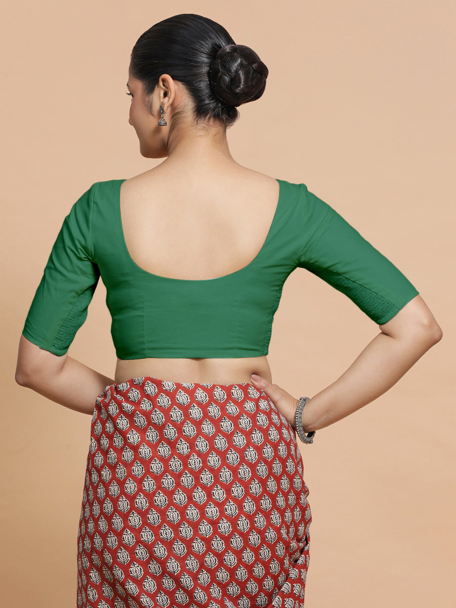 Pragya x Rozaana Saree Blouse, in Green 100% Cotton - Solid, featuring elbow sleeves and v-neckline, made for daily & work.