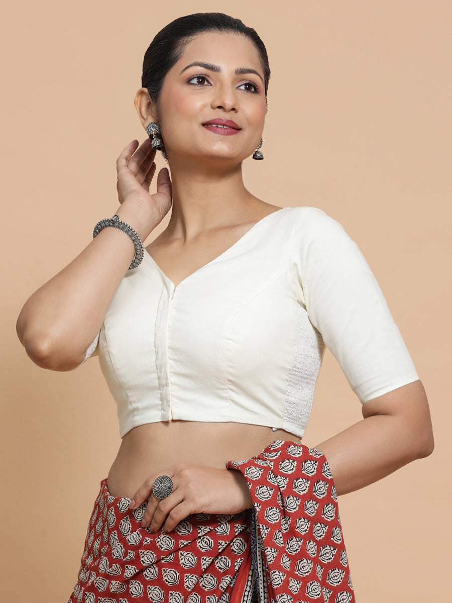 Pragya x Rozaana Saree Blouse, in White Cotton, featuring elbow sleeves and v-neckline, made for daily & work (view 5).