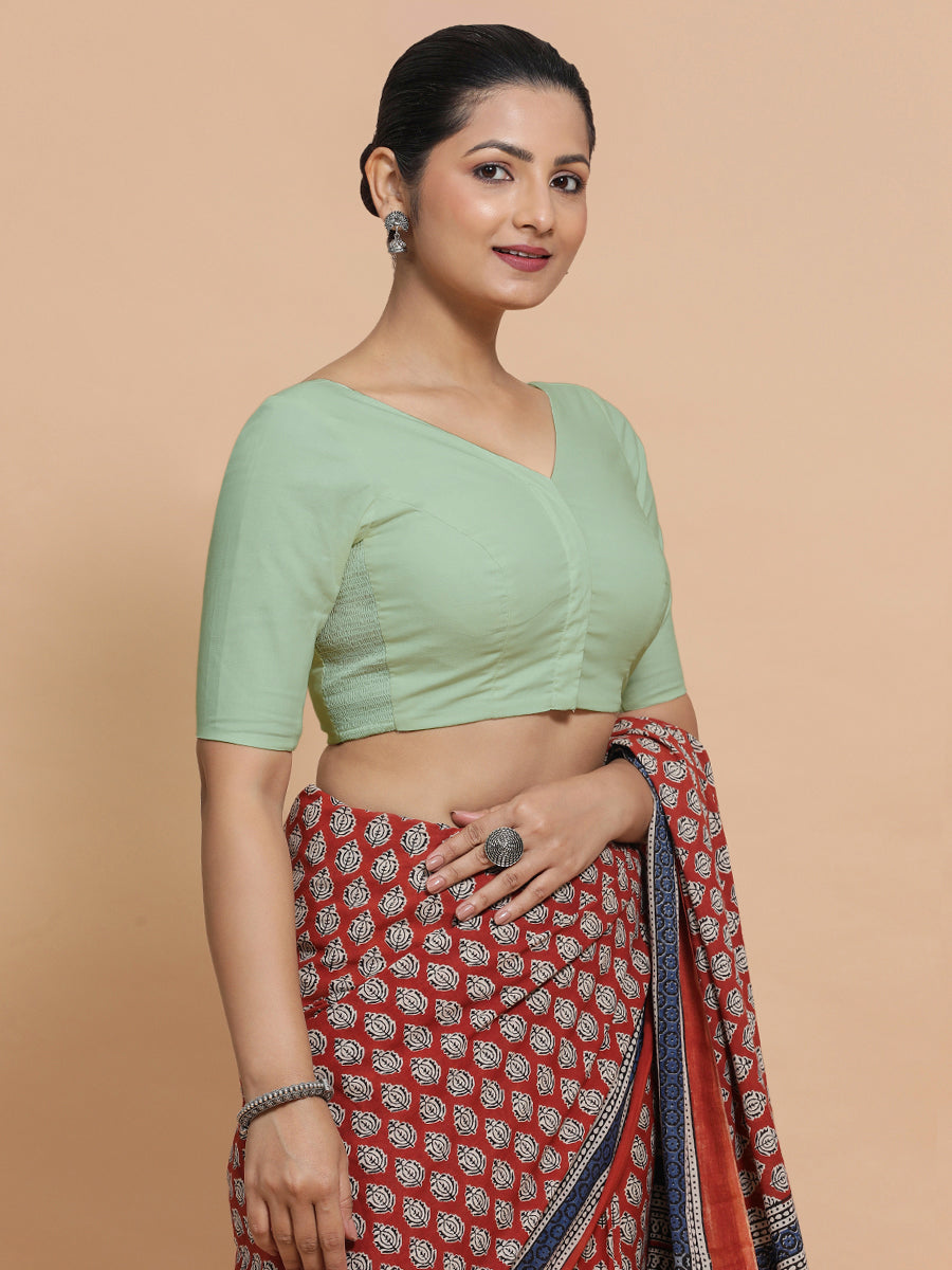 Pragya x Rozaana Saree Blouse, in Green Cotton, featuring elbow sleeves and v-neckline, made for daily & work (view 7).